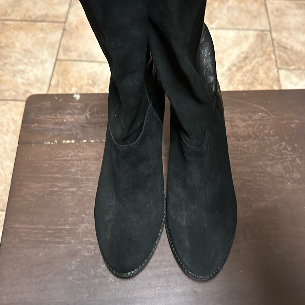 Black leather and suede slouch booties by brand “Black”